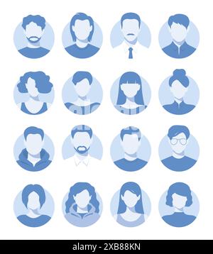 Abstract female and male faceless portraits, avatars or anonymous profiles. Set of woman and man abstract face icons in blue colors. Vector illustrati Stock Vector