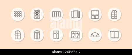 Window set icon. Various window designs including arched, paneled, and sliding. Architecture, home, building concept. Vector line icons on beige backg Stock Vector