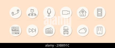 Multimedia set icon. Route, sitemap, microphone, camcorder, home, bookshelf, contacts, fast forward, radio, cloud. Media, technology, entertainment co Stock Vector