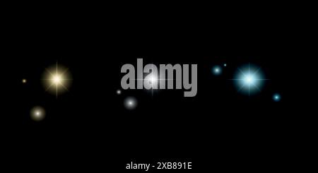 Flashing lights, sparkling stars. Light effects set on black background. Vector illustration Stock Vector