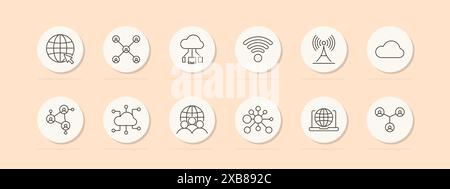 Networking set icon. Globe, user connections, cloud storage, wifi, signal, cloud, social network, nodes, laptop, internet. Communication, technology, Stock Vector