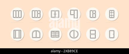 Window set icon. Various window styles including sliding, double-hung, casement, arched, and circular. Home, architecture concept. Vector line icon on Stock Vector