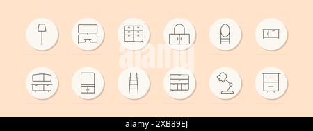 Furniture set icon. Floor lamp, desk, dresser, cabinet, mirror, cupboard, wardrobe, shelves, ladder, lamp, drawer. Home decor, interior design concept Stock Vector