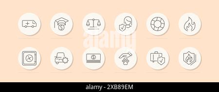 Insurance set icon. Ambulance, graduation cap, scales, doctor, life buoy, fire, safe, car, money, pet, luggage, shield. Protection, policy concept. Ve Stock Vector