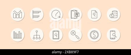 Statistics set icon. Bar graph, horizontal bar, clock, clipboard, document, money, chart, structure, research, magnifying glass, finance. Data analysi Stock Vector