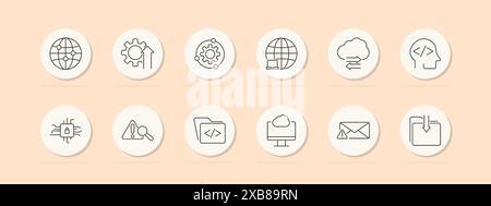 IT services set icon. Globe, gear, coding, chip, magnifying glass, cloud, monitor, email, upload. Vector line icon on peach background. Stock Vector
