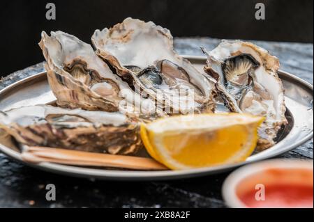 Fresh oysters on a silver platter with lemon slice Stock Photo