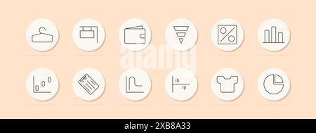 Sales and marketing set icon. Hanger, signboard, wallet, funnel, percentage, graph, ticket, shirt, chart. Vector line icon on peach background. Stock Vector