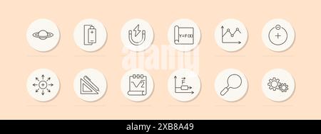 Physics set icon. Planet, battery, magnet, formula, graph, stopwatch, arrows, ruler, diagram, analysis, gears. Physics, education concept. Vector line Stock Vector