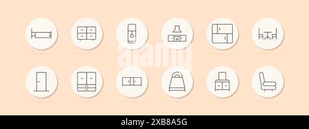 Home furniture set icon. Bed, drawers, cabinet, kitchen, table, door, wardrobe, sofa. Vector line icon on peach background. Stock Vector