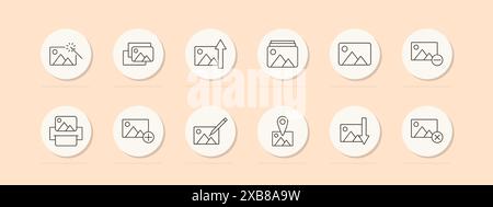 Photo management set icon. Image editing, gallery, location, delete, add, resize, photo, enhance. Vector line icon on peach background. Stock Vector