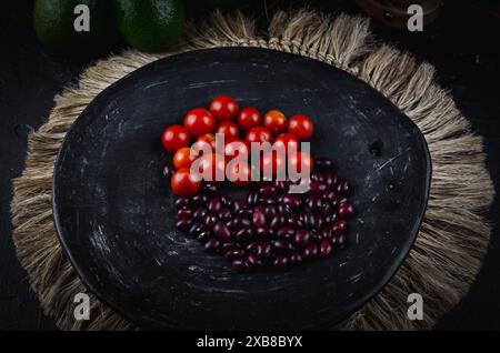 Tomatoes on plate outdoors with grass background Stock Photo