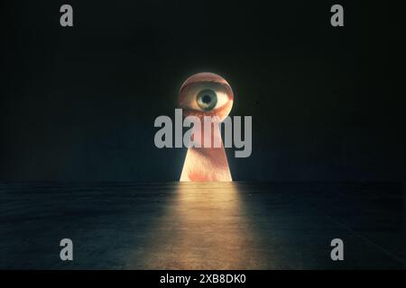 Human eye looking through keyhole in concrete wall in dark room with copy space Stock Photo