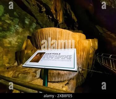 Gour Pools signboard in Gua Kelam or Kelam Cave in Perlis, Malaysia. Stock Photo