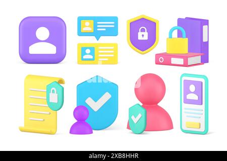 Data information personal access privacy account access security set 3d icon realistic vector illustration. Safety system policy protect technology do Stock Vector