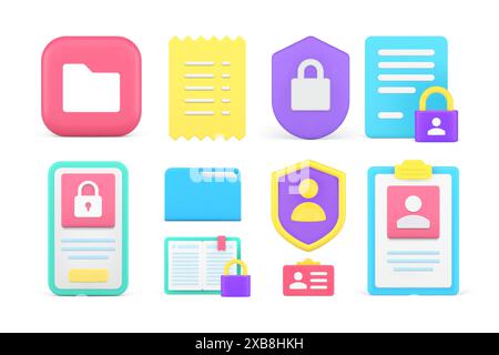Personal data protection document database archive folder lock shield set 3d icon realistic vector illustration. Safety encryption account access info Stock Vector