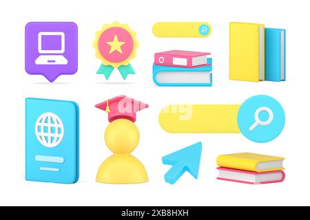 Online distance education e learning course lesson graduation book reading set 3d icon realistic vector illustration. Internet browsing information st Stock Vector