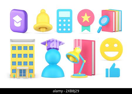 Education e learning success good rating graduation mathematic lesson ring bell set 3d icon realistic vector illustration. Studying course school coll Stock Vector