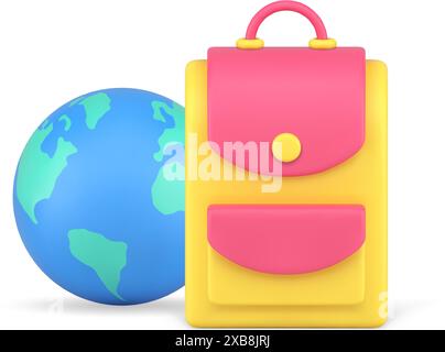 Global learning international education distance remotely class online lesson 3d icon realistic vector illustration. Schoolbag Earth planet worldwide Stock Vector