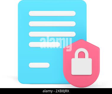 Document data confidential information security access protection lock shield 3d icon realistic vector illustration. Paper sheet list contract agreeme Stock Vector