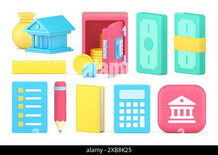 Banking cash money dollar payment financial business economy investment set 3d icon realistic vector illustration. Commercial currency safe storage ac Stock Vector