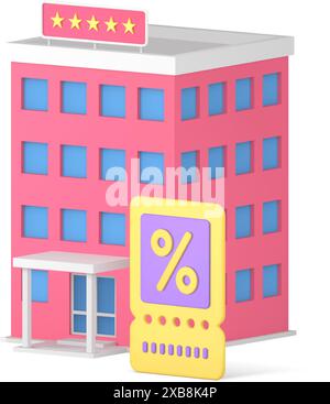 Hotel booking sale discount coupon destination travel apartment special offer 3d icon realistic vector illustration. Tourism hostel five stars accommo Stock Vector