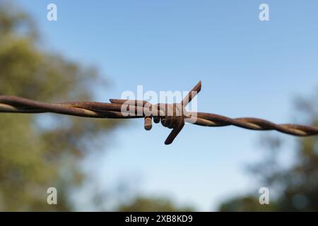 A closeup of a rusty barbed wire with blue sky background and copy space Stock Photo
