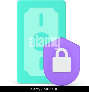 Cash money dollar currency banking safety security guarantee shield lock 3d icon realistic vector illustration. Green banknote wealth salary earning d Stock Vector