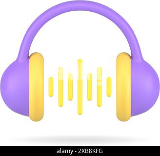 Music listening headphones sound acoustic equalizer wave audio broadcasting 3d icon realistic vector illustration. Earphones musical entertainment mul Stock Vector