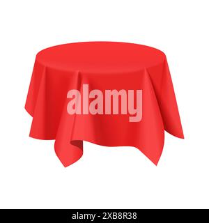 3D red tablecloth with folds and drapery covered round table vector illustration Stock Vector