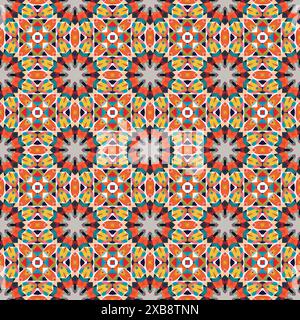 Abstract geometric tiles in shades of orange and grey with white squares and stars Stock Photo