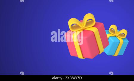 Three bright festive gift boxes wrapped by red and blue paper isometric 3d icon template vector illustration. Holiday presents decorated by yellow tis Stock Vector