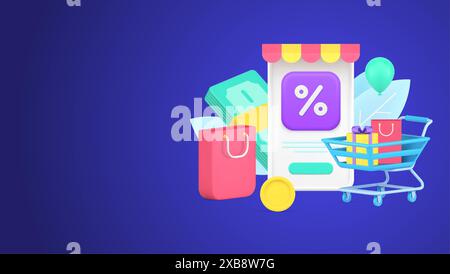 Market sale discount menu with paper shopping bag, trolley, gift box, present and cash money dollar stack 3d template isometric vector illustration. S Stock Vector