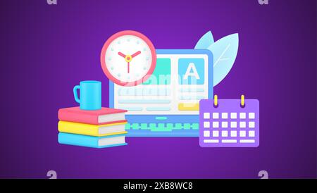 Internet exam laptop user interface with wall watch and schedule 3d icon isometric vector illustration. Online remotely education e learning video tut Stock Vector