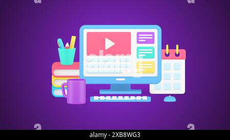 Student or worker comfortable workplace organizing with computer pc, schedule, stack of books, stationery and mug 3d icon vector illustration. Remotel Stock Vector