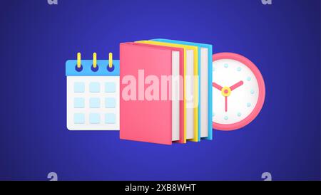 Educational task reading stack of books to deadline schedule data and watch 3d icon isometric vector illustration. Learning literature textbooks prepa Stock Vector