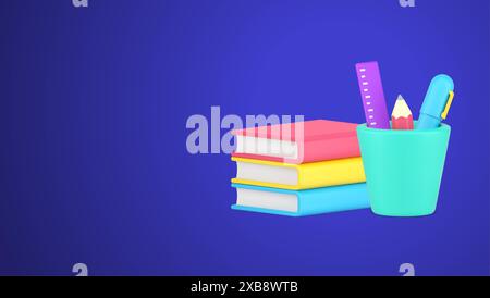 Education homework knowledge learning book stack and stationery in pencil holder realistic 3d icon vector illustration. Back to school graduation info Stock Vector