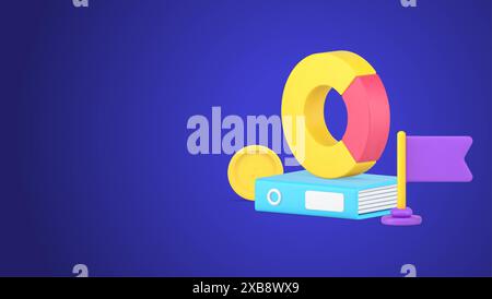 Analyzing company working checking profit with folder documents and rounded graph marking flag 3d icon isometric vector illustration. Planning brainst Stock Vector