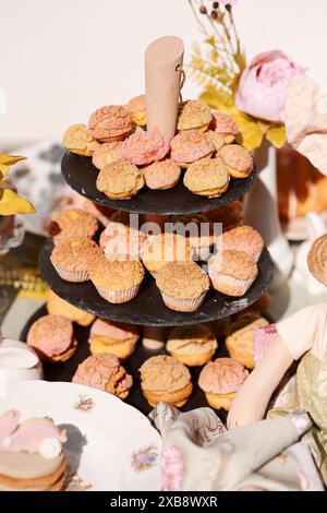 Assorted cupcakes presented on a formal event showcase Stock Photo