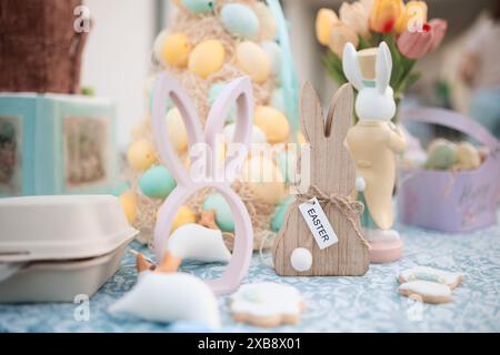 A closeup shot of an Easter table with festive decorations and eggs Stock Photo