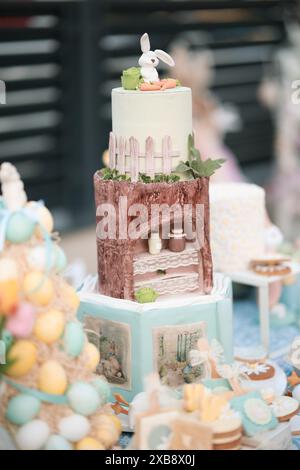 A vertical shot of an Easter bunny cake with decorative details Stock Photo