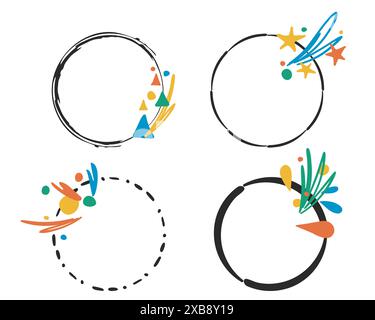 Festive frame, outline border pack. Hand drawn paint brush doodle black line stroke, colourful bright palette. Circle wreath geometric shape. Empty Stock Vector