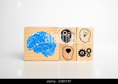 Background concept wood block with ai artificial intelligence technology, machine learning, brain digital network communication, computer science futu Stock Photo