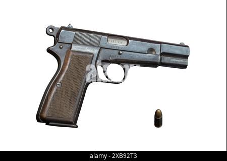 An old classic FN Browning collection pistol model GP-35 of the 9mm parabellum caliber, on a white background Stock Photo