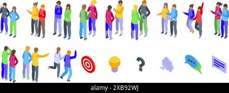 Idea think couple icons set icons set. Diverse group of young professionals are engaging in collaborative discussions, brainstorming innovative ideas, and working together to achieve common goals Stock Vector