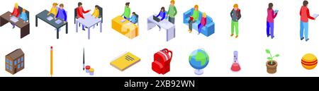 Teaching home parents icons set. Diverse group of parents and teachers engaged in educational activities, fostering a positive learning environment Stock Vector