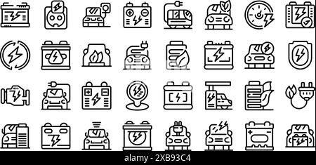electricity car accumulator icons set. Line icons set of accumulator repairing and charging service, featuring hybrid and electric vehicles Stock Vector