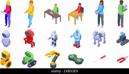 Kid robot class icons set. Engineers and technicians are working on an innovative robotics project, developing and programming robots Stock Vector