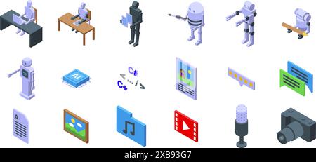 Robot-writer icons set. Artificial intelligence working as content creator, artist, writer, musician, programmer and blogger Stock Vector