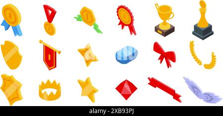 Royal trophy medal icons set. Award icons set with golden trophy, crown, wings, medal, laurel wreath, ribbon and red gem for champion and winner Stock Vector
